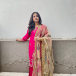 Shocking pink with hand painted dupatta