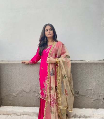 Shocking pink with hand painted dupatta