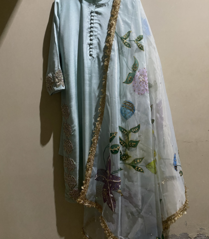 Ice Blue Raw Silk Appliqué Suit